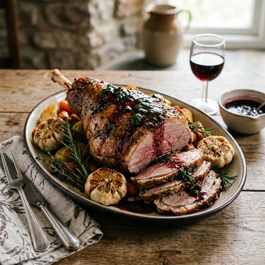 Traditional welsh monmouth roasted lamb with red wine & garden mint
