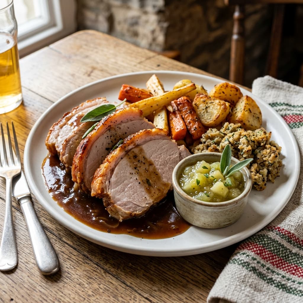 Traditional welsh flintshire roast pork with apple & sage