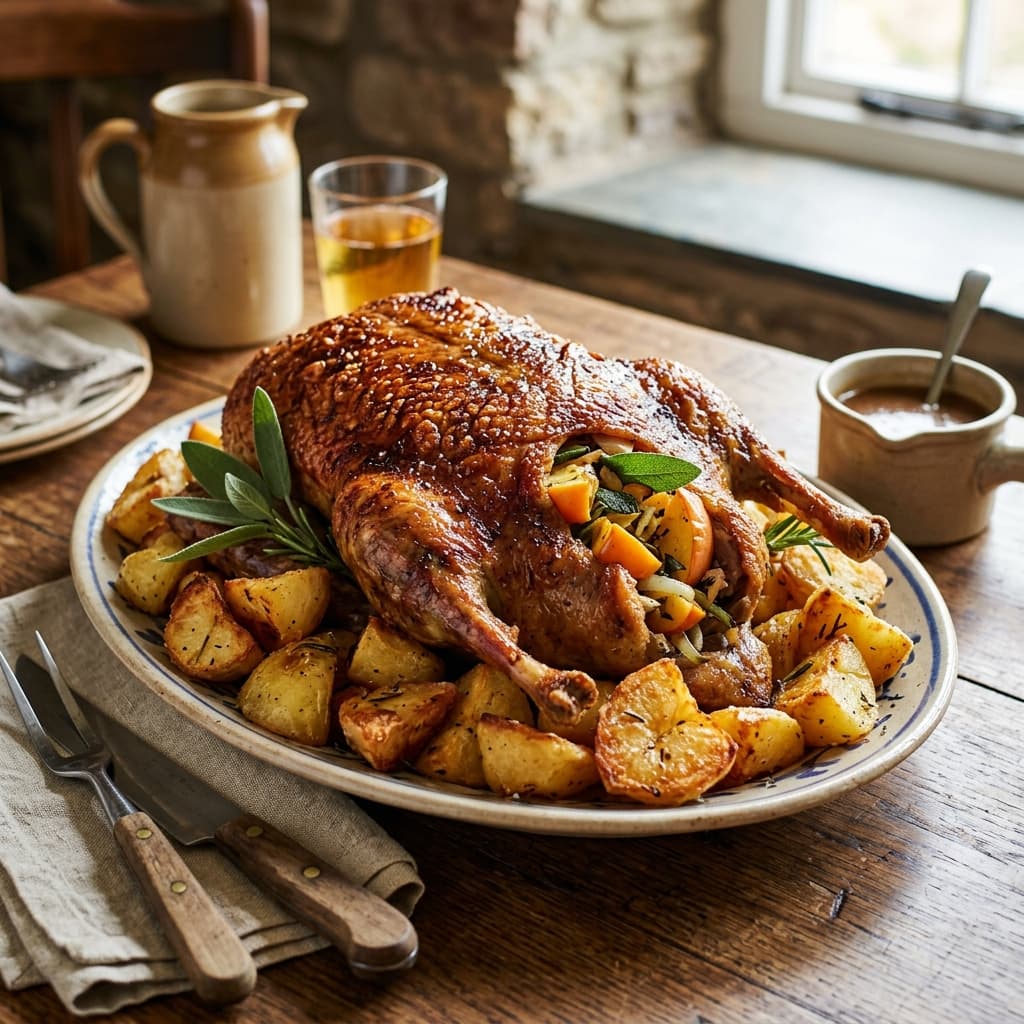 Traditional Flintshire Roast Duck (Stegt and fra Flintshire med æble- og salviefyld)
